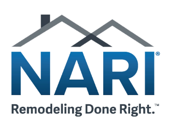 NARI logo with the text "Remodeling Done Right" underneath two overlapping house roof outlines, representing a trusted construction company.