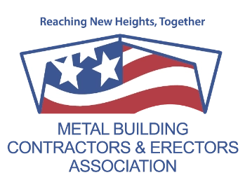 Logo of the Metal Building Contractors & Erectors Association, featuring a stylized American flag with stars in blue and white, and text above and below the flag.