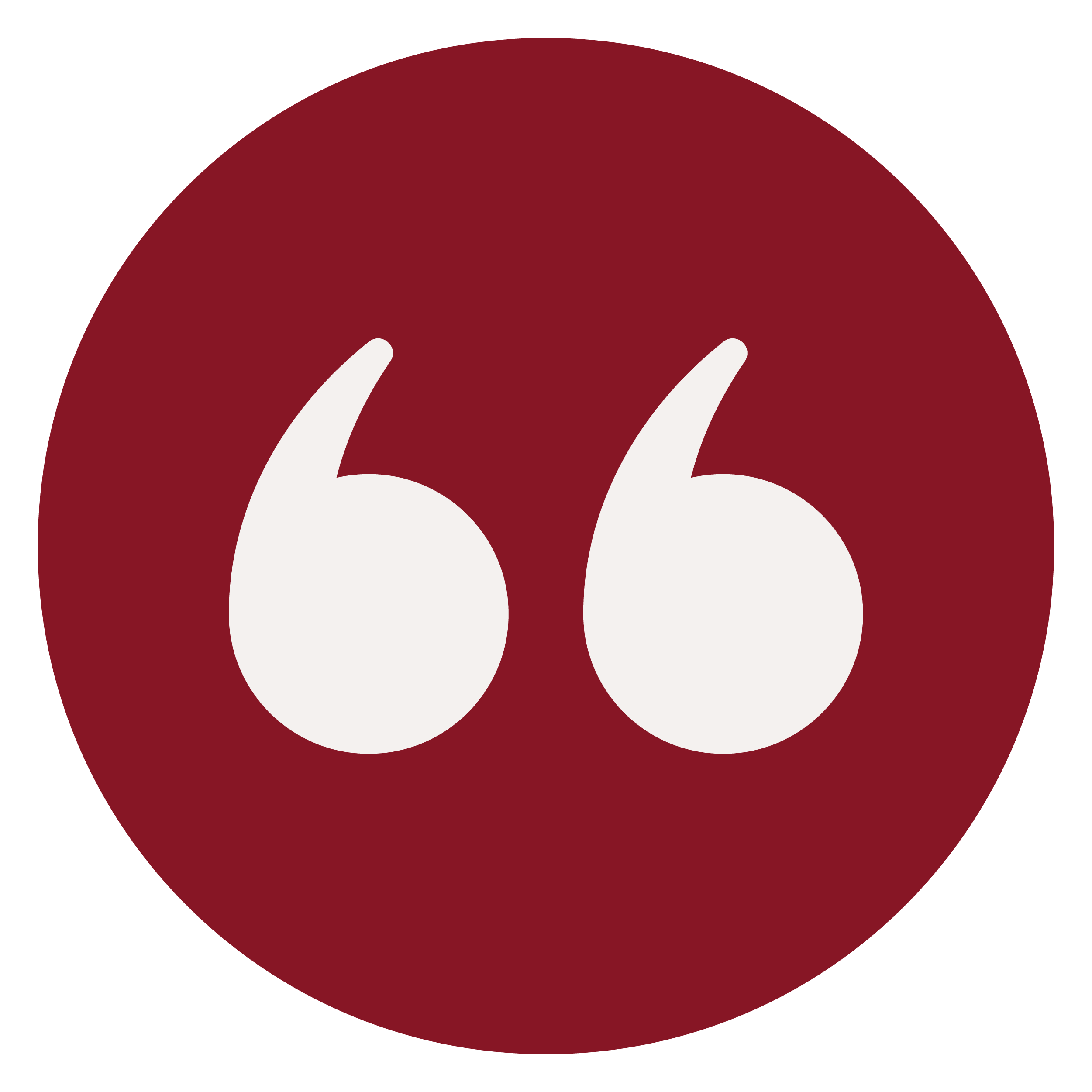 White quotation mark icons inside a red circle.